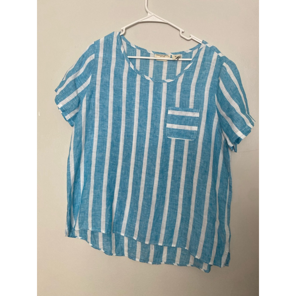 Christian Siriano 100% Linen Blouse Striped Blue Preppy Quiet Luxury Resort Boho - Picture 2 of 5